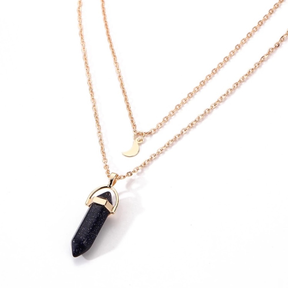 Black sparkly stone layered boho necklace moon